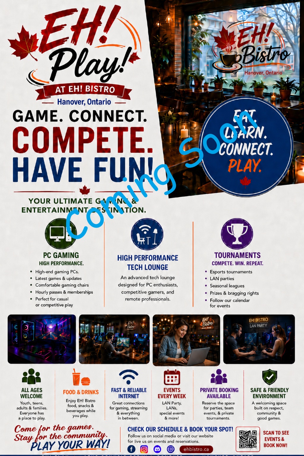 EH! Play promotional poster featuring high-performance PC gaming, a tech lounge, tournaments, weekly events, food and drinks, and private bookings